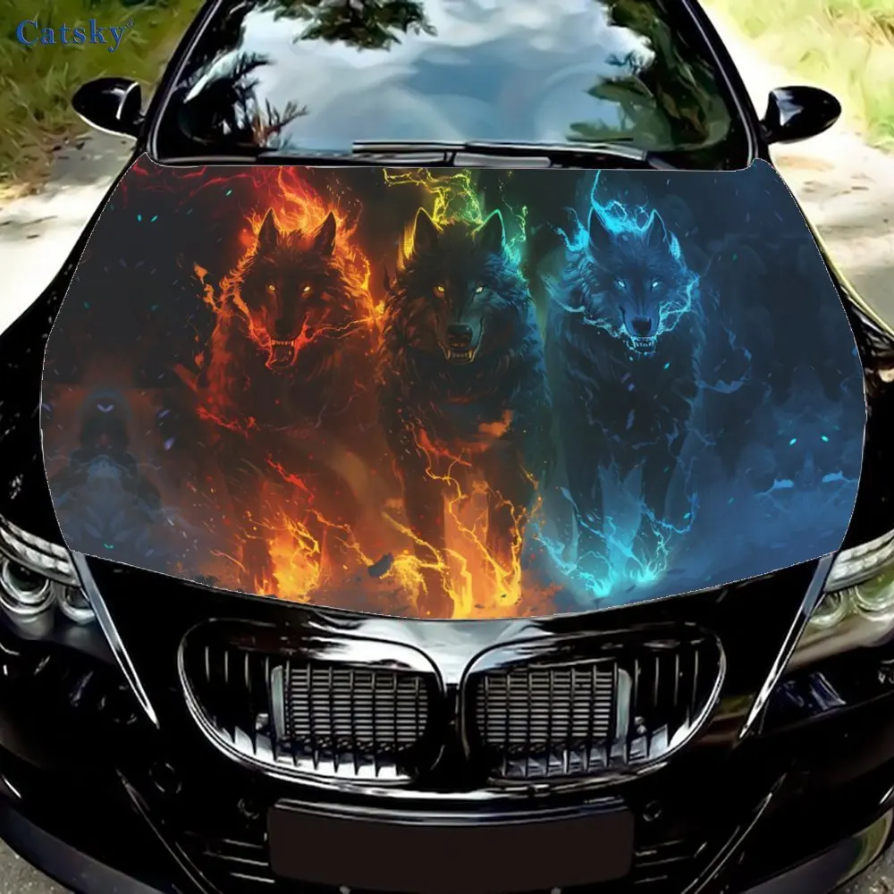 

Fire, Thunder & Ice Three Wolves Car Vinyl Wrap, PVC Waterproof Car Hood Sticker, Self-Adhesive Scratch-Resistant Stickers for E