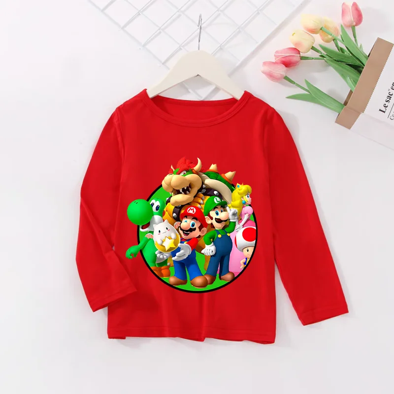 

Новая детская футболка с длинными рукавами Super Marios, детские хлопковые футболки с рисунком Йоши, милые топы с героями мультфильмов аниме, одежда для мальчиков и девочек, подарок