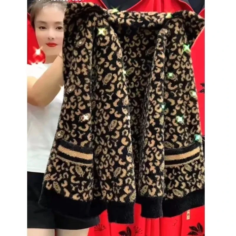 Middle Aged Elderly Women Imitation Mink Velvet Coat High End Fashion Leopard Print Knitted Cardigan Zipper Sweater Jacket 5XL