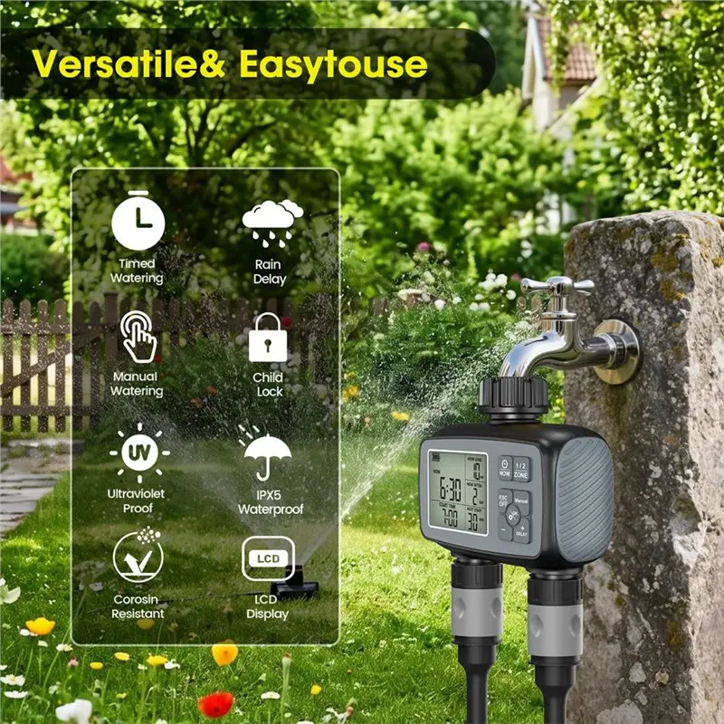 ABMH-Programmable 2 Zone Sprinkleler Water Timer For Garden Hose For Yard Lawn Automatic Irrigation System