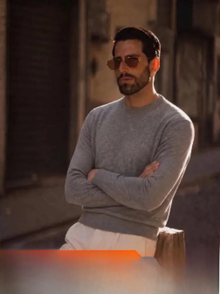 Italian Luxury! Cashmere Wool Blend! Autumn Winter Men's Preppy Style Knitted Long Sleeve Sweater Base Shirt Breathable Polye...
