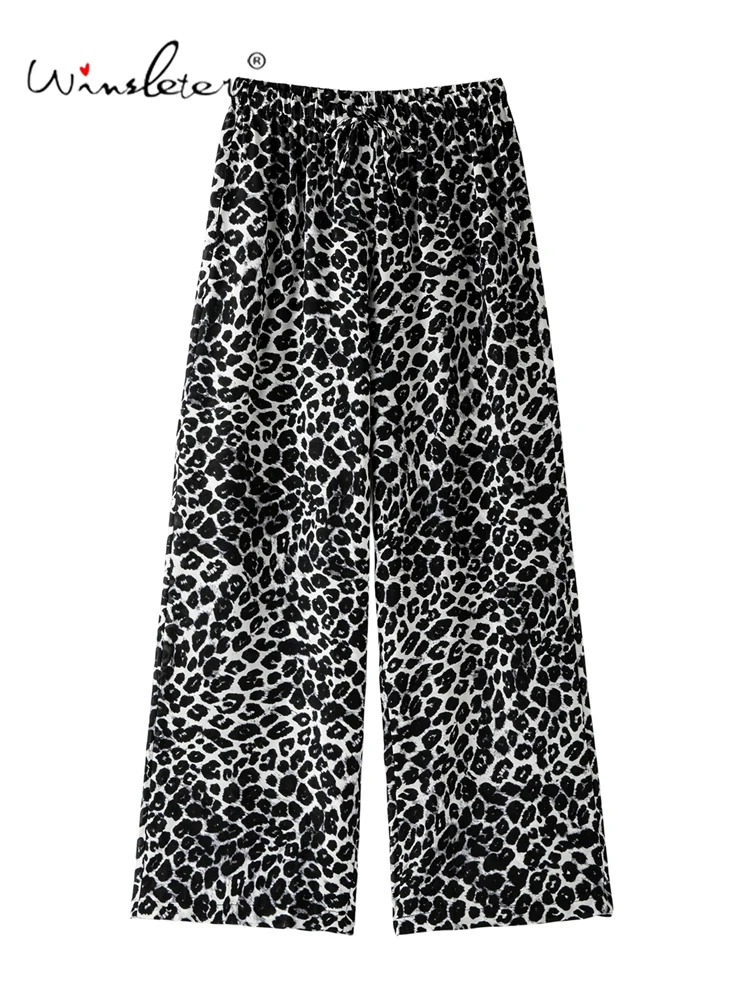 Winsleter-100%Real Silk Double Crepe Elegant Trousers, Elastic Waist Leopard Print, Women Fashion Pants, 2026 Autumn B67535CC