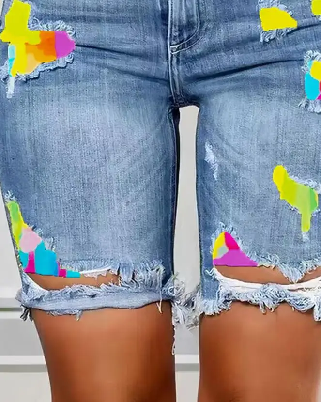 2023 Summer New Fashion Women\'s Tie Dye Print Ripped High Waist Denim Shorts Female Casual Bottom