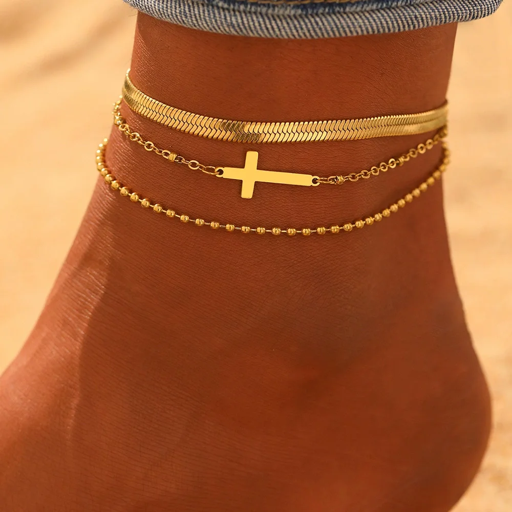 

Boho Cross Snake Chain Multi-Anklet Set, Waterproof and Fadeproof, Women's Jewelry, Wedding Party Favors