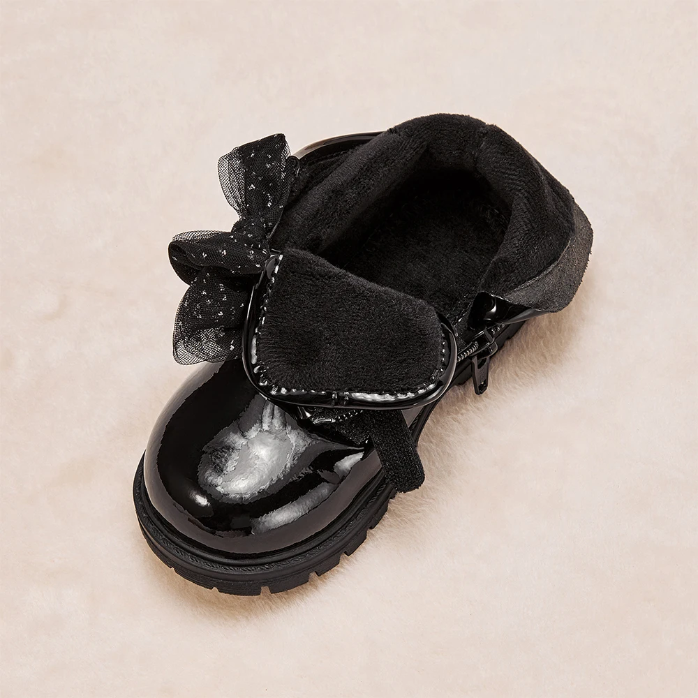 ديف بيلا الفتيات أحذية من الجلد أسود الشتاء الأطفال الأميرة أحذية أنيقة لينة وحيد المضادة للانزلاق المخملية الأحذية الدافئة DB4254362