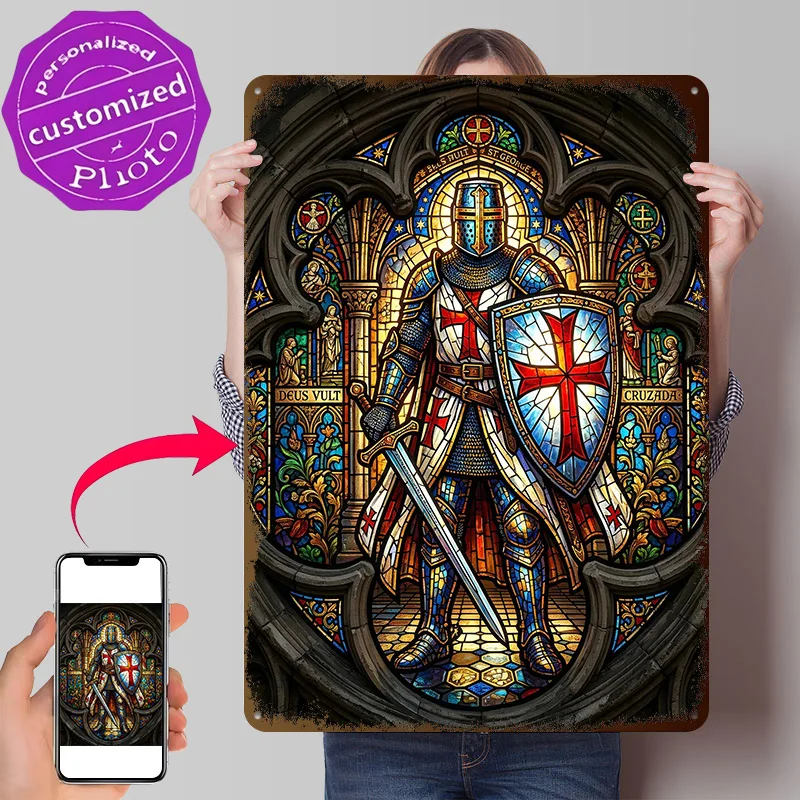 Stained Glass Crusader Knight 3D Printed Texture Poster Personalized Wall Art Retro Metal Tin Signs for Bathroom Decor Room Home