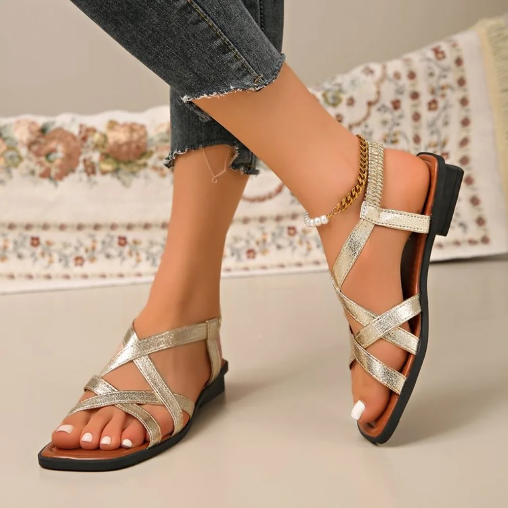 Große Größe Modische Römische Kreuzriemen-Sandalen mit Flachem Boden Damen-Strandsandalen mit Elastischem Band Bequeme Damensandalen – Detail 19