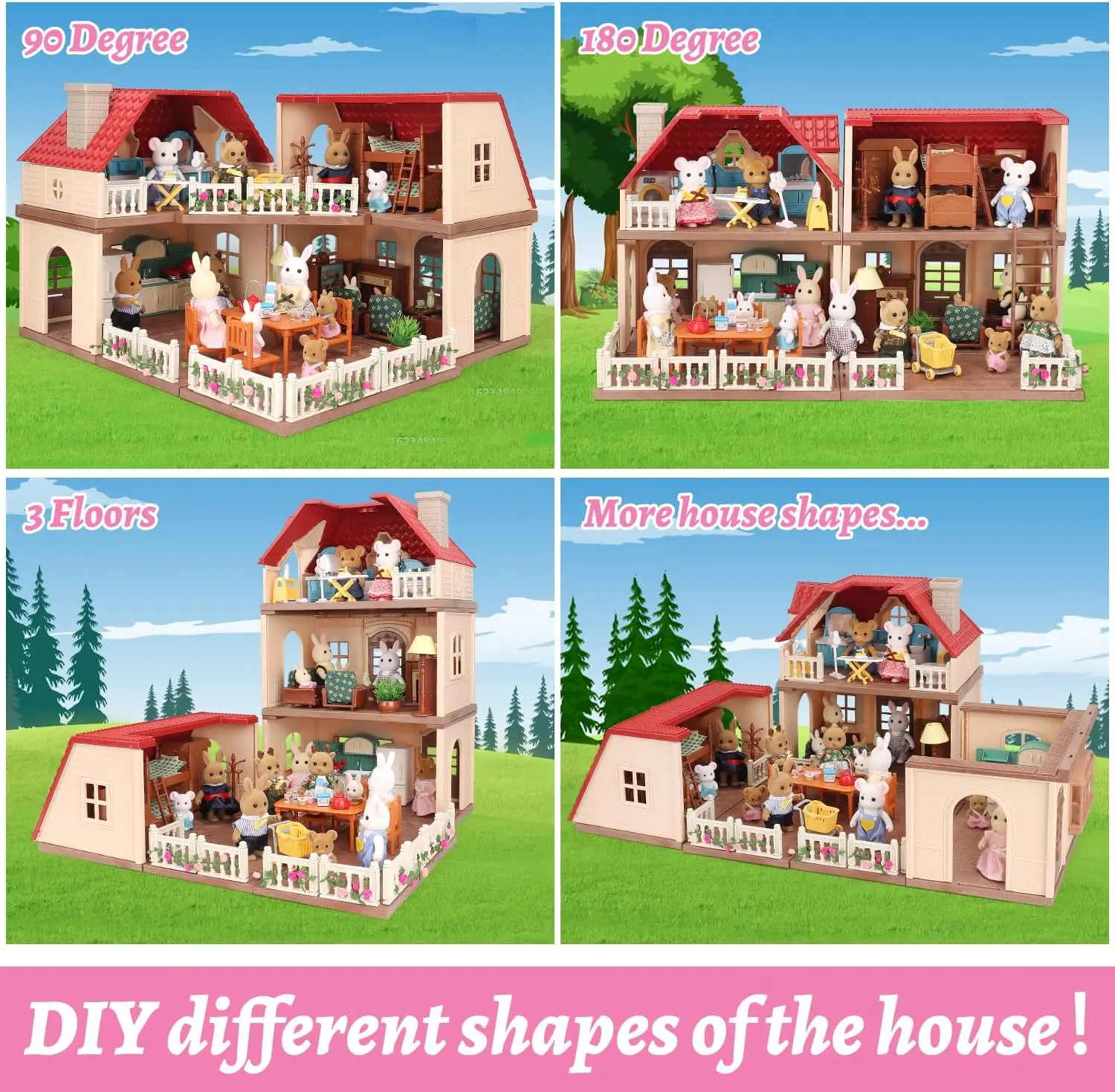 ファミリーコージーキャビンドールハウスプレイセット、ドールハウス家具とアクセサリー、DIYコテージごっこ遊びドールハウス、幼児、男の子用