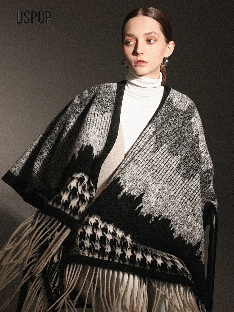 USPOP 2025 Otoño Invierno negro pata de gallo chal capa para mujer 710g grueso de gran tamaño borla envoltura bufanda de dos vías