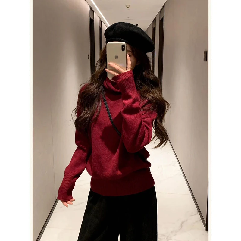 

MosesQueen Cisas Red Thiened Knitted Sweater High Collar Autumn Winter Women's Ele Sle Long Sve Top