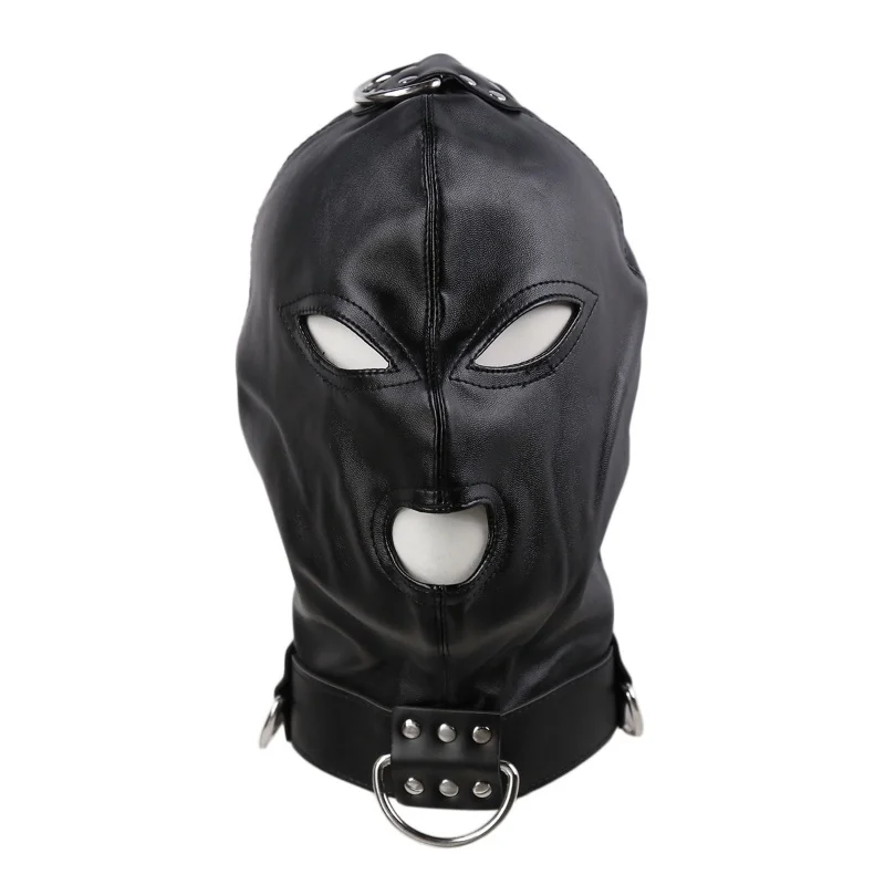 Adult Sexy Black PU Leather Head Bondage Hood Mask Men Cosplay Party Costume Head Cover Zipper Open Eyes Nightclub Accessories