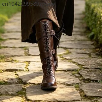 Gothic Medieval High Boots Faux Leather Lace Up Double Buckle Side Zipper Flat Sole Shoes Vintage Pirate Cosplay Costume Boots