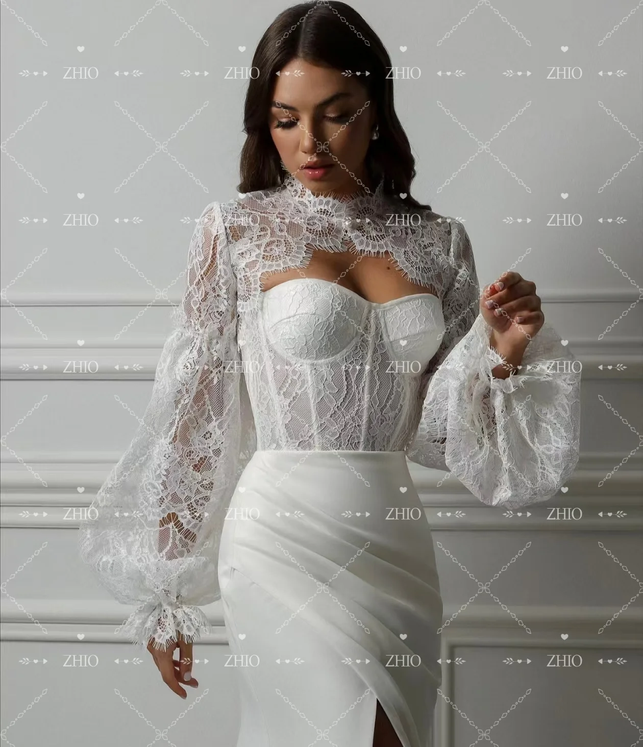 ZHIO فستان زفاف أنيق حورية البحر رقبة عالية دانتيل وأكمام طويلة مطوي جانبي فتحة عالية من الساتان فساتين سهرة فستان زفاف مخصص #3