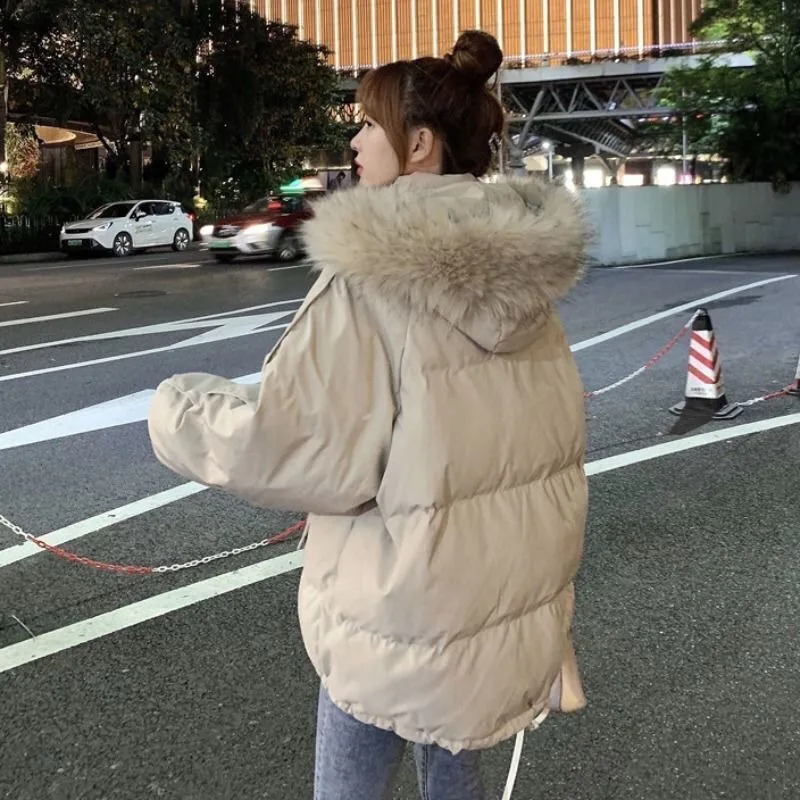 2023 New Women Down Cotton Coat Winter Jacket Female Short Parkas Loose Thick Outwear Fur Collar Hooded Leisure Time Overcoat