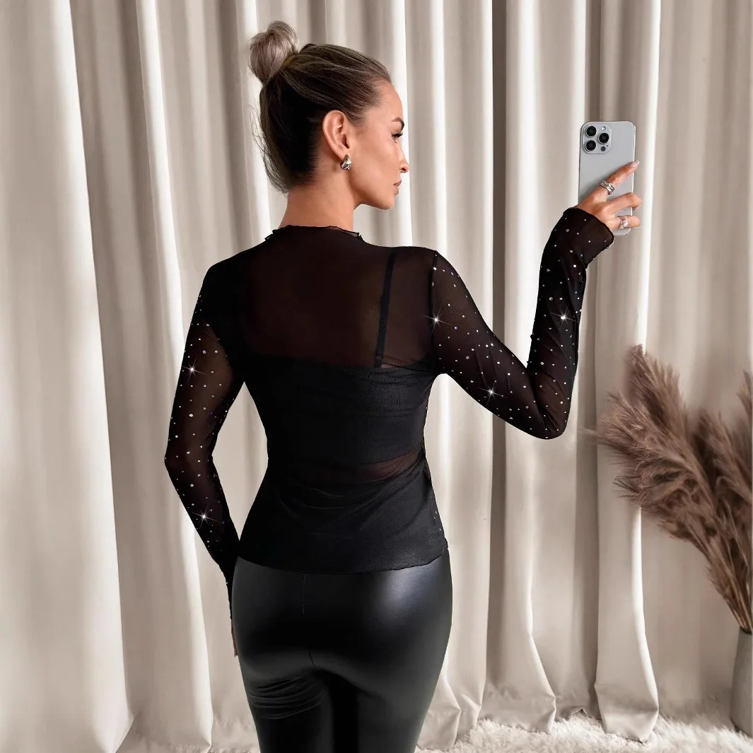 ربيع جديد المرأة الصغيرة الوقوف طوق بأكمام طويلة شبكة الرمال شفافة حجر الراين الزخرفية تي شيرت المرأة