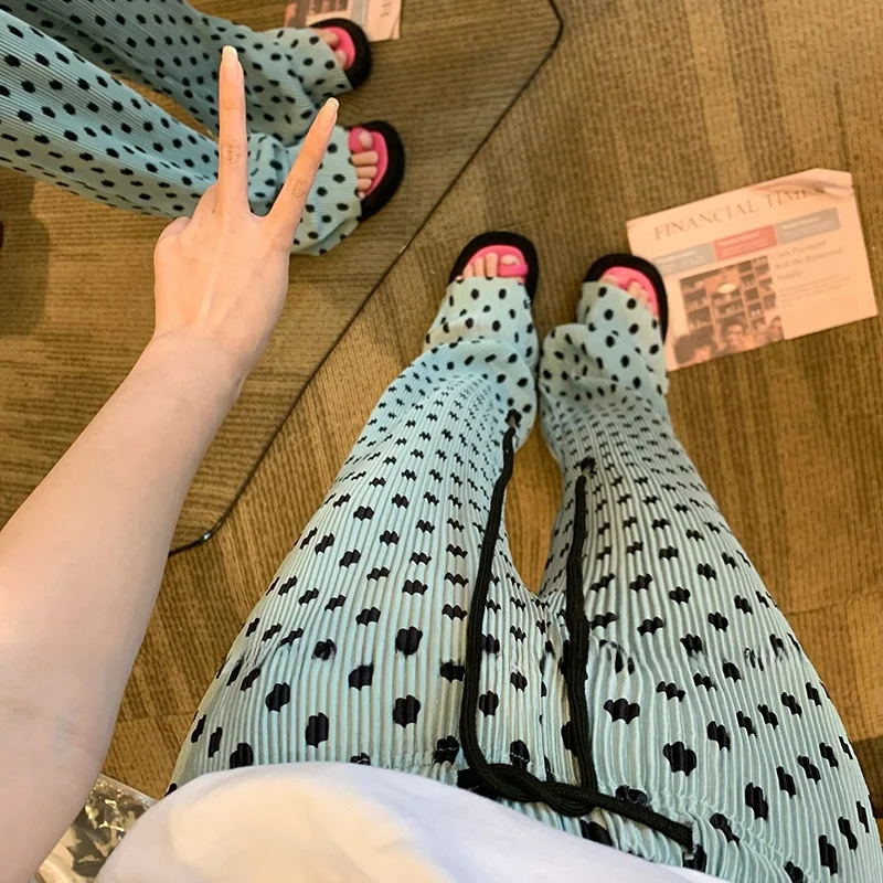 Pantalones de pierna ancha de lunares para mujer, pantalón recto, holgado, adelgazante, informal, fino, versátil, hasta el suelo, de cintura alta, para verano