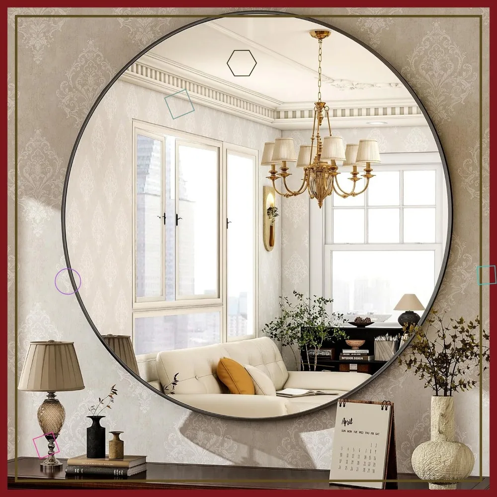 

30-дюймовое круглое настенное зеркало с рамой из матового алюминия, современное декоративное зеркало для ванной комнаты, гостиной, спальни, прихожей