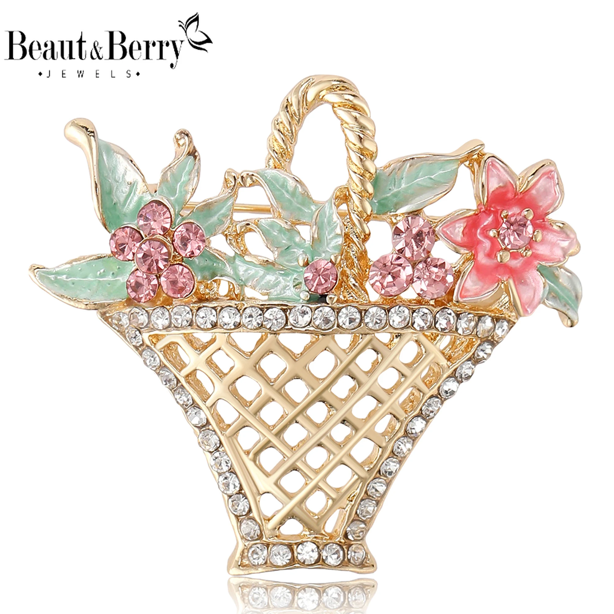 Beaut&Berry Luxury Rhinestone Hollow Flower Basket Brooches for Women Tool Pins Friends Party Gifts Jewellery Accessories