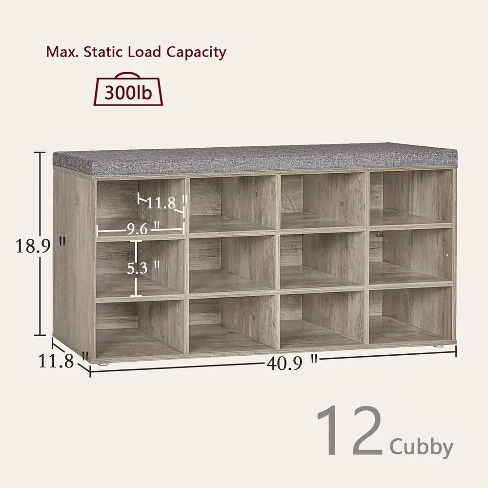 12-Cubby シューズオーガナイザーベンチ クッション付き、玄関、リビングルーム、寝室、泥室用の調節可能な棚、グレーウォッシュ