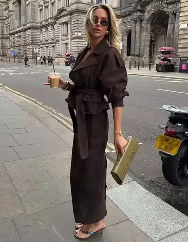 Chaquetas de ante marrón con cinturón elegante para mujer, chaqueta de manga larga con solapa holgada y falda de ante, conjunto de falda de dos piezas