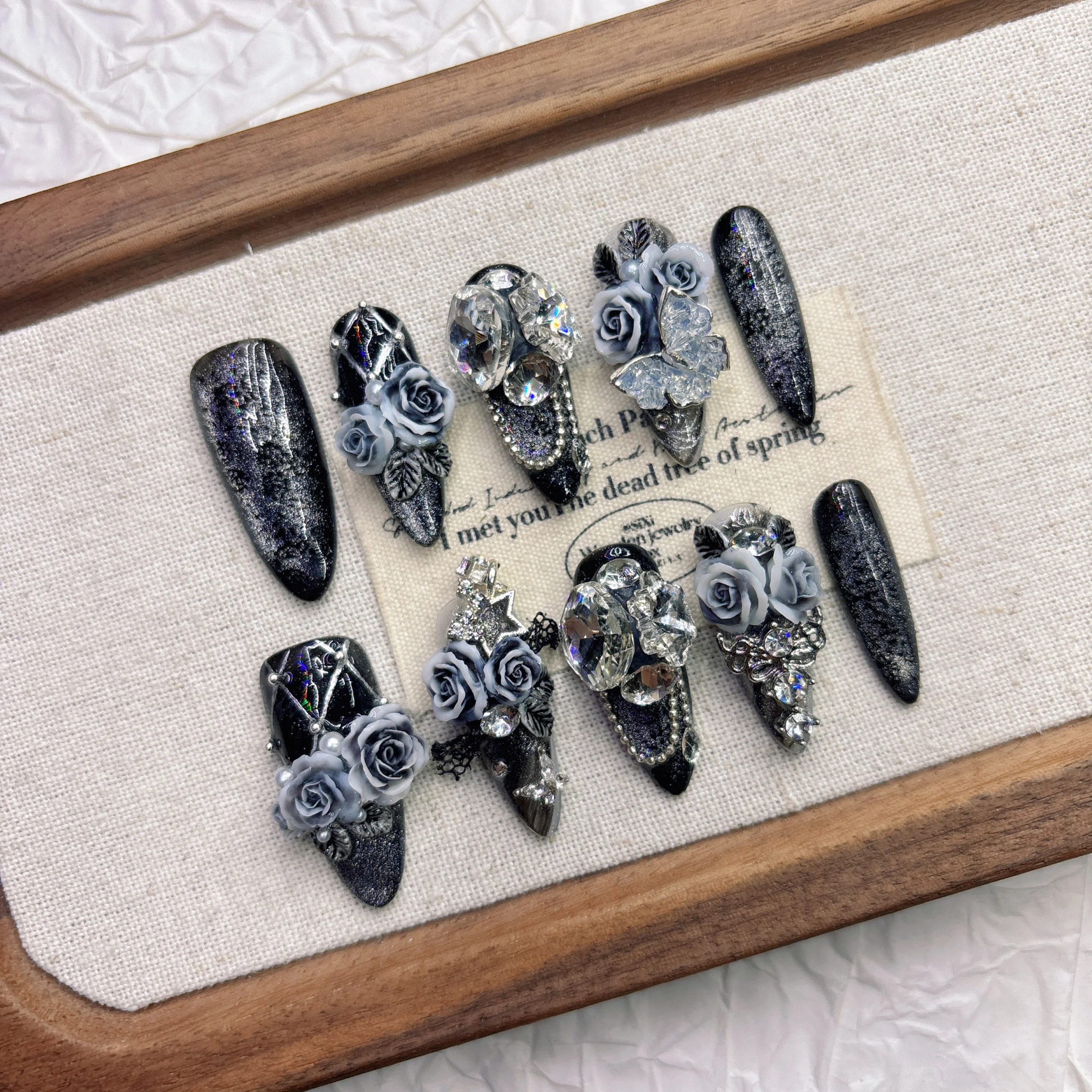 Gothic Elegant Press On Nails Smoky Black Glitter Resin Metal Star Butterfly Accessories Multiple Sizes Easy to Apply Reusable