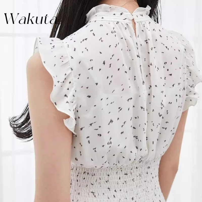 WAKUTA 日本の夏万能ニットヴィンテージカラーバッグ半袖トップハイウエストプリーツ半身スカート 2 点セット Y2k