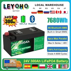 LiFePO4 24V 300Ah 7.68Kwh Battery Pack 6000+ Cycles 8S Bluetooth BMS 25.6V 100Ah 200Ah 340Ah Home Solar Lithium Battery EU STOCK