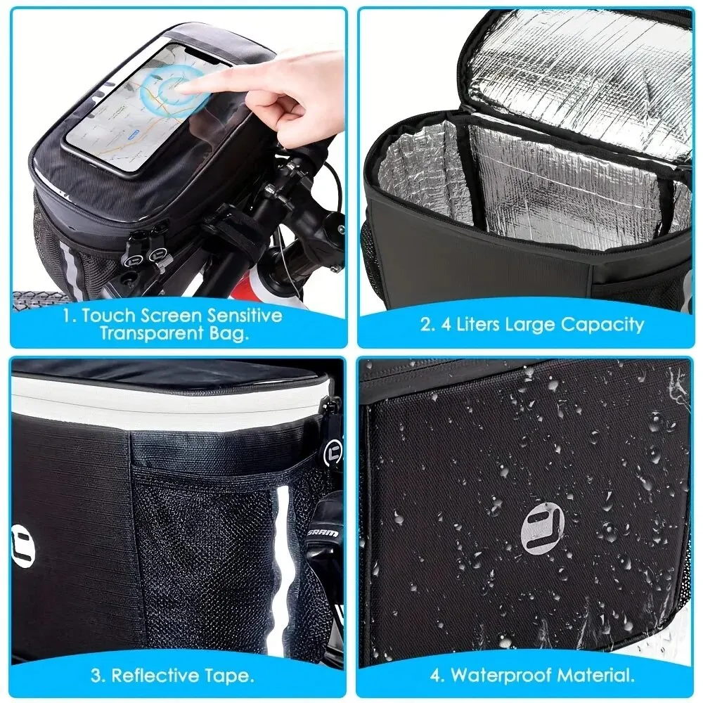 Bike Handlebar Insulated Bag, Bike Front Phone Bag Cooler Storage Pouch With TPU Touch Screen Insulation Bicycle Frame Bag