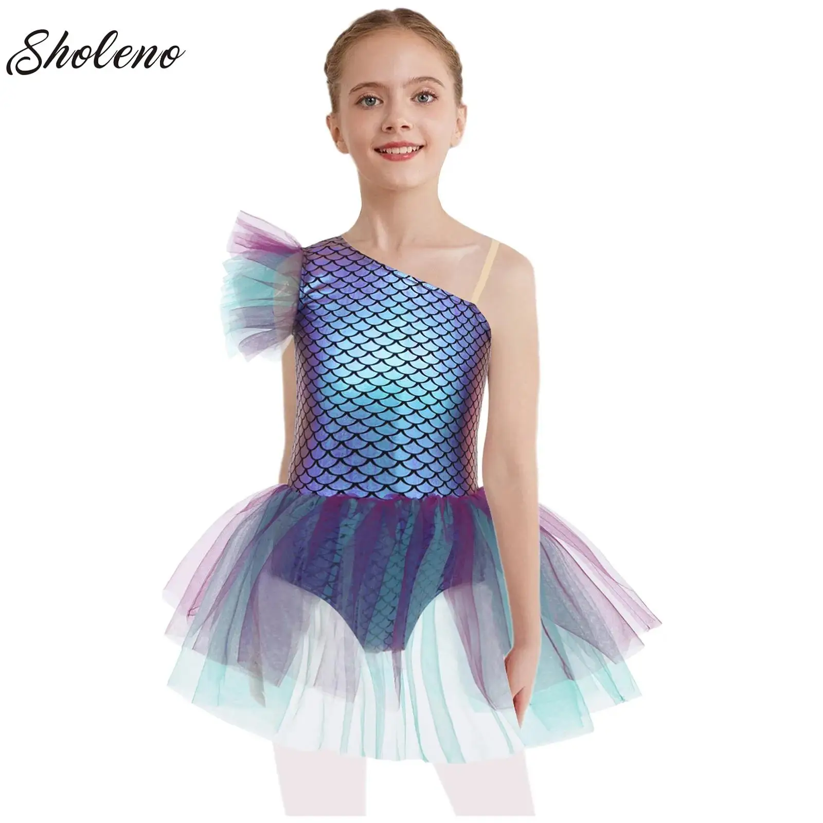 

Kids Girls One Shoulder Mermaid Ballet Tutu Dress Gymnastics Leotard Figure Skating Lyrical Dance Competition Costumes Clothes