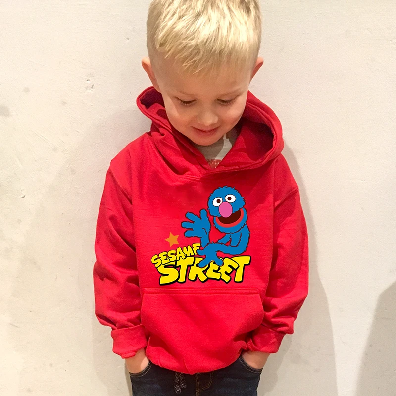 Sesame Street printed autumn and winter kids hoodie plus velvet sports top red sweatshirt for boys