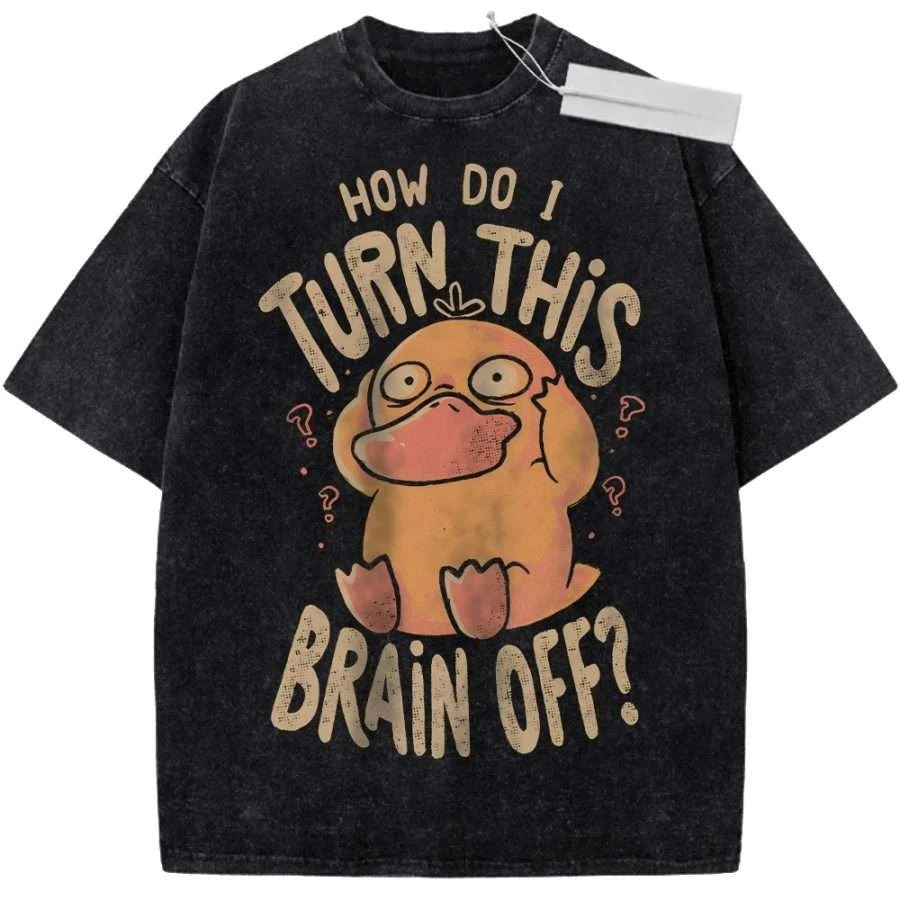 T-Shirt Sport-T-Shirt Kurzarm-T-Shirt Beige Unisex Reine Baumwolle Gewaschener Vintage-Look Pokemon Psyduck Aufdruck mit Fragezeichen
