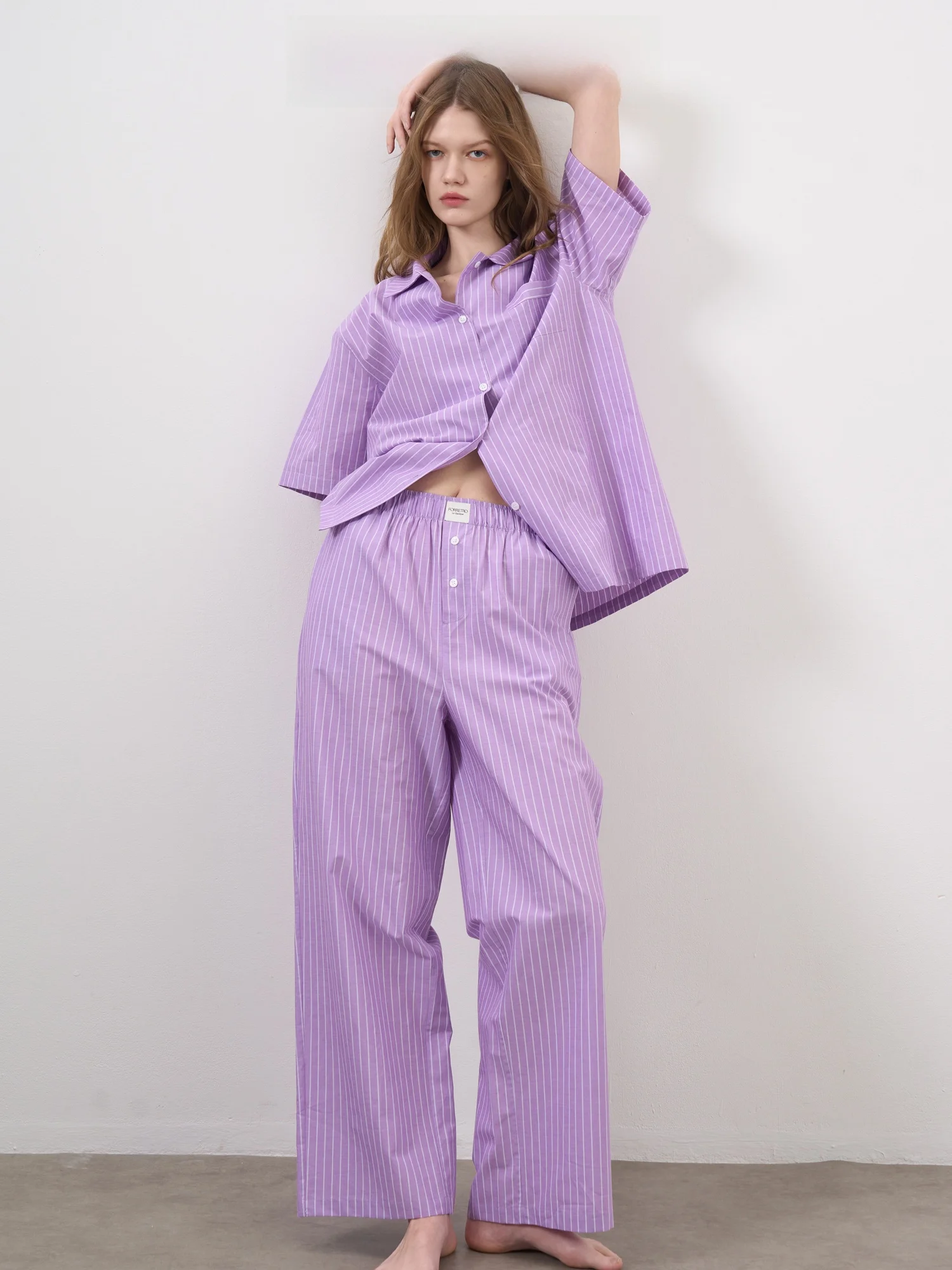 

FORRETRO Весенне-летний комплект: шорты и футболка с коротким рукавом в скандинавском минималистичном стиле, с фиолетовыми полосками, из чистого хлопка, для дома и улицы