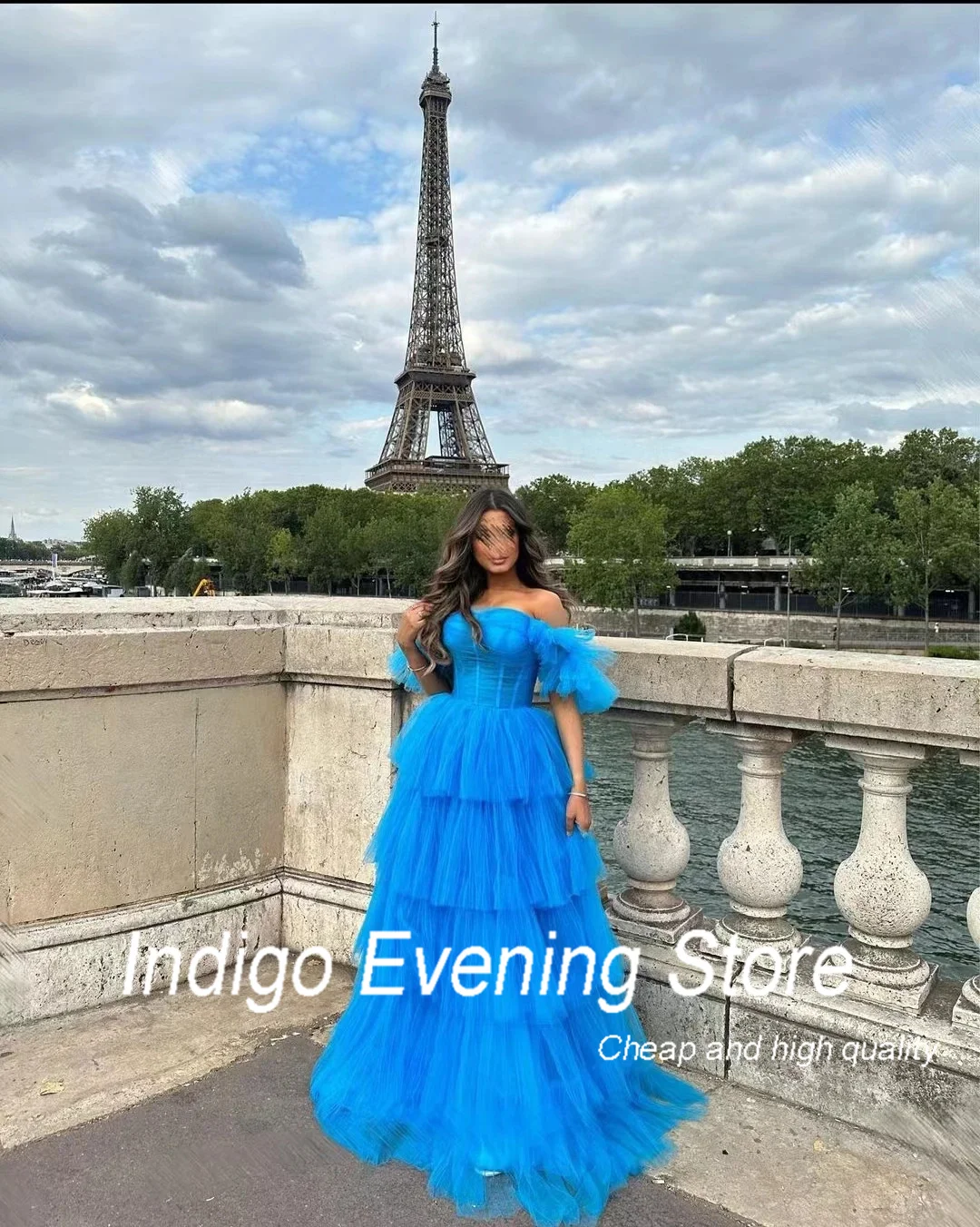 Indigo-vestido de tul con hombros descubiertos para mujer, traje de fiesta Formal escalonado, largo hasta el suelo, 2024