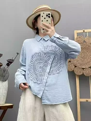 Autumn stylish women blouse 100% cotton yarn blue white embroider hollow out asymmetric shirts long sleeve blouses ladies tops