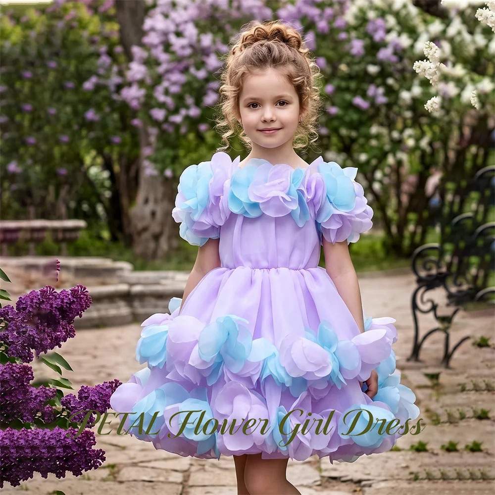 Petal Knee Length Princess Girls Dress Off Shoulder Kids Birthday Party Dress Blue and Purple Tutu Fluffy Prom Gown Customized