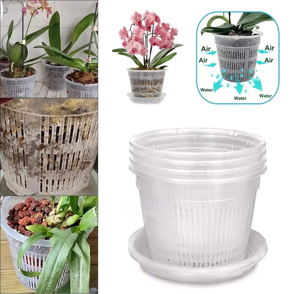 

5pcs Orchid Pot With Saucers Plastic Clear Flower Plant Repotting Pot With Holes Mesh Pot Root Control Orchid Flower Breathable