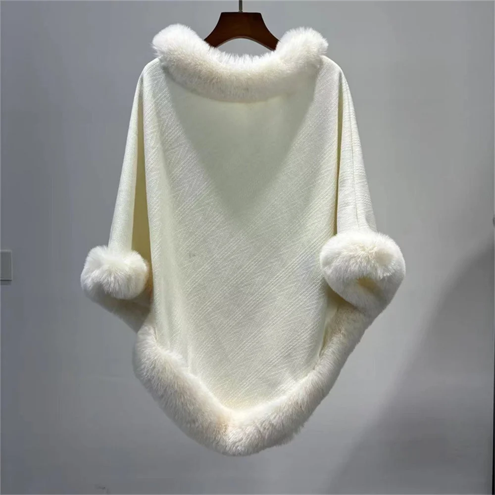 2024 Faux Fur O Neck Bat Type Triangle Loose Jacquard Weave Pullover Shawl Cape Women Winter Warm Thicken Poncho Long Overcoat