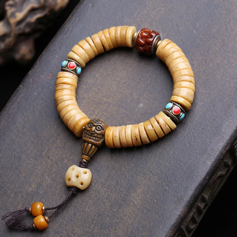 Natural Bead Bracelet Single-Strand With Glazed Melon-Shaped Beads Cowhide And Colorful Painted Yak Bone Accents