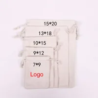 100 unids/lote bolsas de algodón natural 7x9 9x12 10x15 13x18 15x20cm bolsas de regalo con cordón bolsas de almacenamiento para el hogar bolsa de embalaje logotipo personalizado