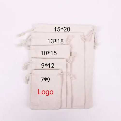 100 unids/lote bolsas de algodón natural 7x9 9x12 10x15 13x18 15x20cm bolsas de regalo con cordón bolsas de almacenamiento para el hogar bolsa de embalaje logotipo personalizado