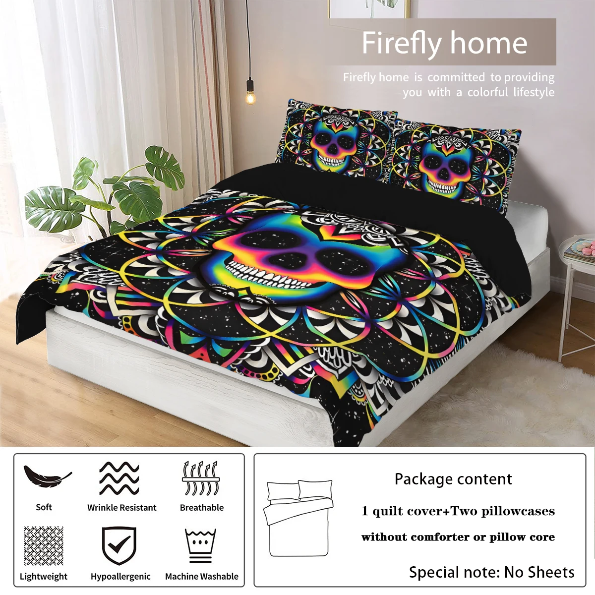 3-piece down duvet cover set with skull flower pattern print (1 duvet cover+2 pillowcases, no core) Halloween themed bedding set