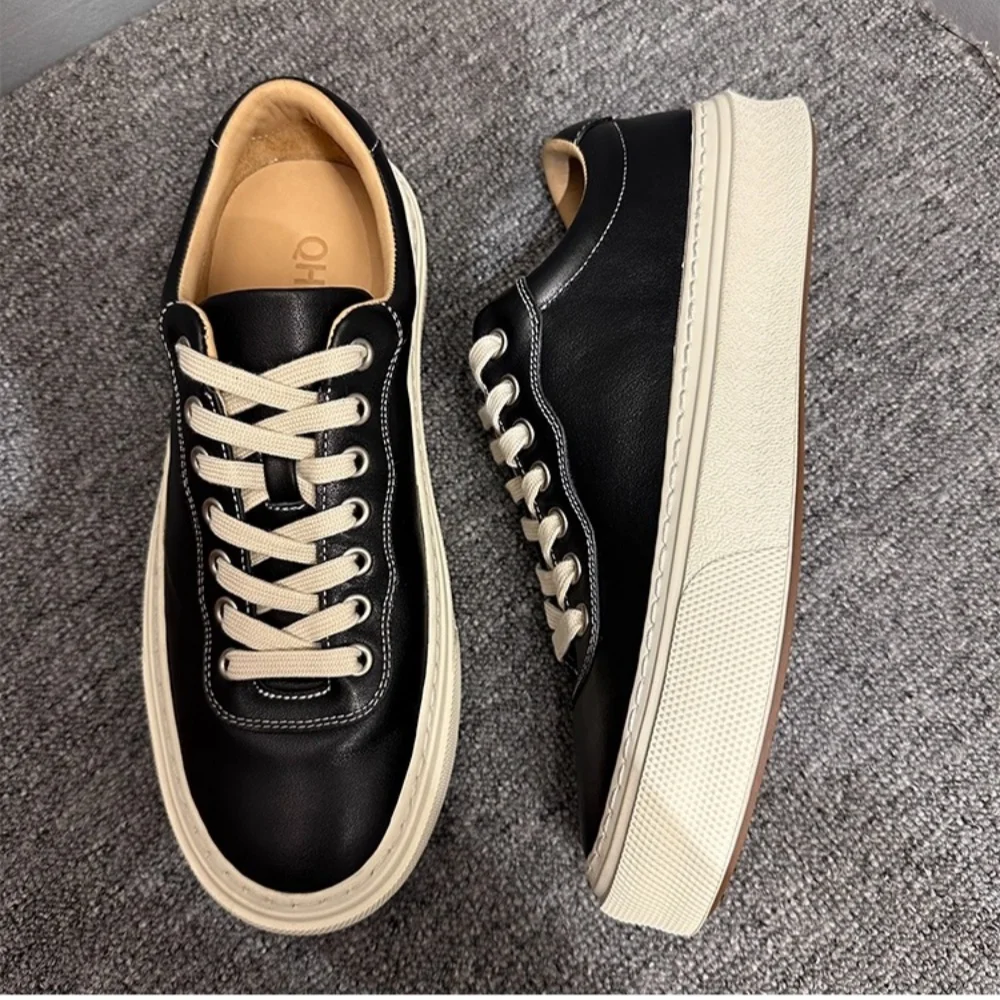 QHCCID Men's Korean Fashion Cow Leather Casual Sneakers White Thick Sole Trendy Autumn Shoes