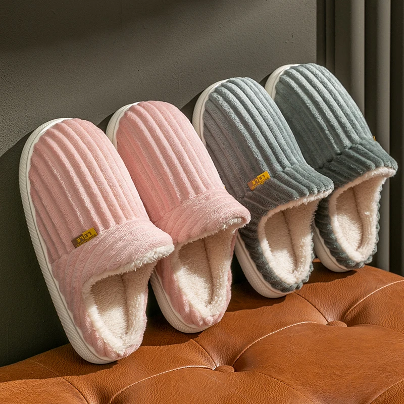 Winter Couple Style Concise Stripes Plush Slippers Ladies' Non-slip Soft Warm Flip Flops Women Men Home Flat Casual Cotton Shoes