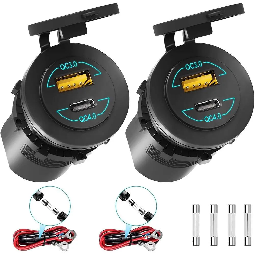 2 Pack 12V USB Outlet - 90W(Max) Dual Ports QC4.0 PD & Quick Charge3.0 Car Charger Socket with LED Indicator