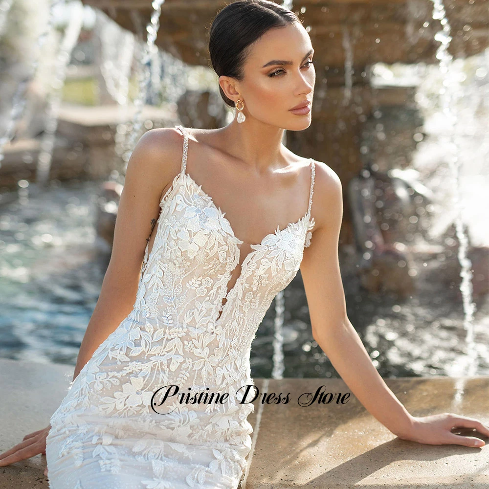 Luxury Mermaid Tulle Wedding Dress Women Spaghetti Straps Appliques Lace Customized Sleeveless Bridal Gowns with Court Train