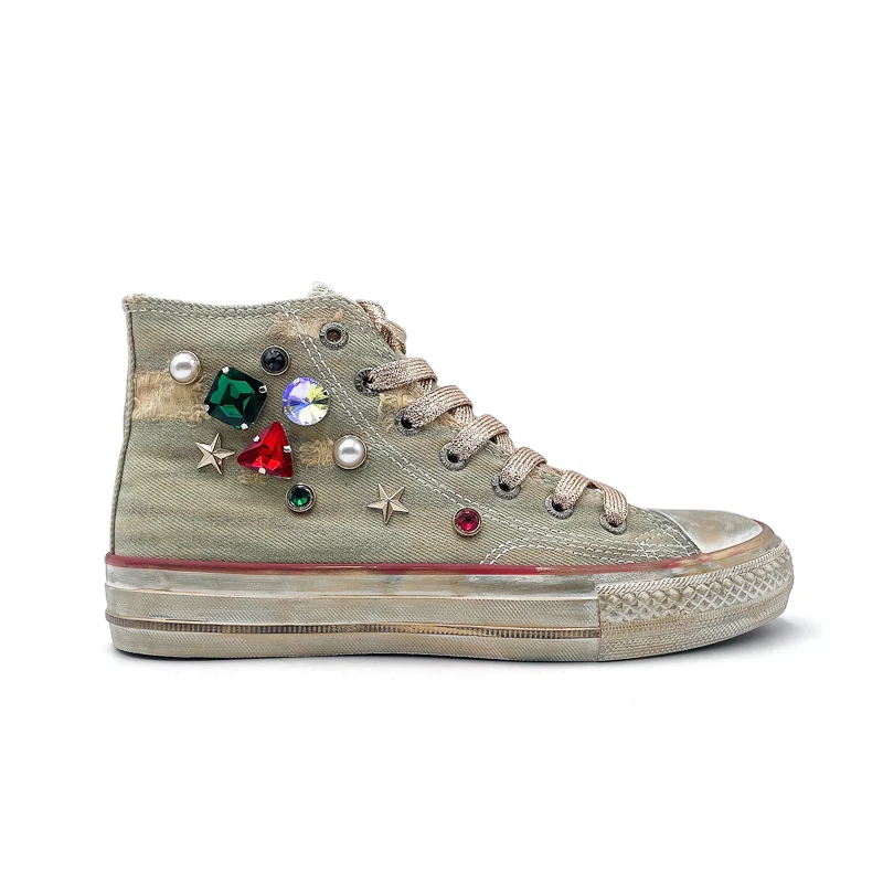 

Canva Women's Metallic Casual Travel Shoes Flat Sole Pearl Embellished 3D Design Student Shoes Rubber Sole Canvas Face