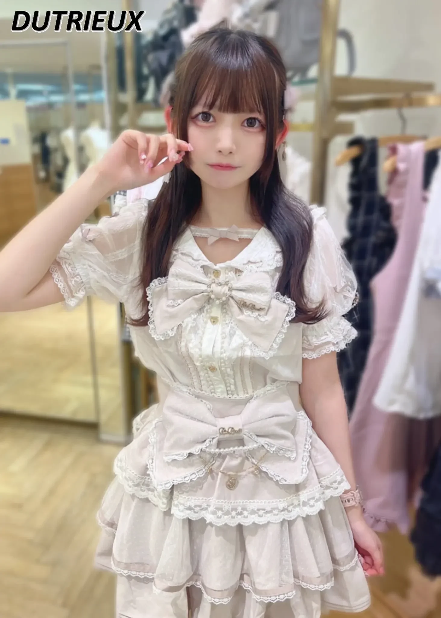 Japanese Autumn Mine Mass-Produced Sweet Girls Blouse Pearl Bow Sailor Collar Lace Chiffon Short Sleeve Shirt for Women