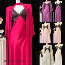 Elegant Female Long 2PCS Robe Set Nightgown Sexy Lace Trim Nightdress Lingerie New Ice Silk Satin Sleepwear Kimono Gown Bathrobe