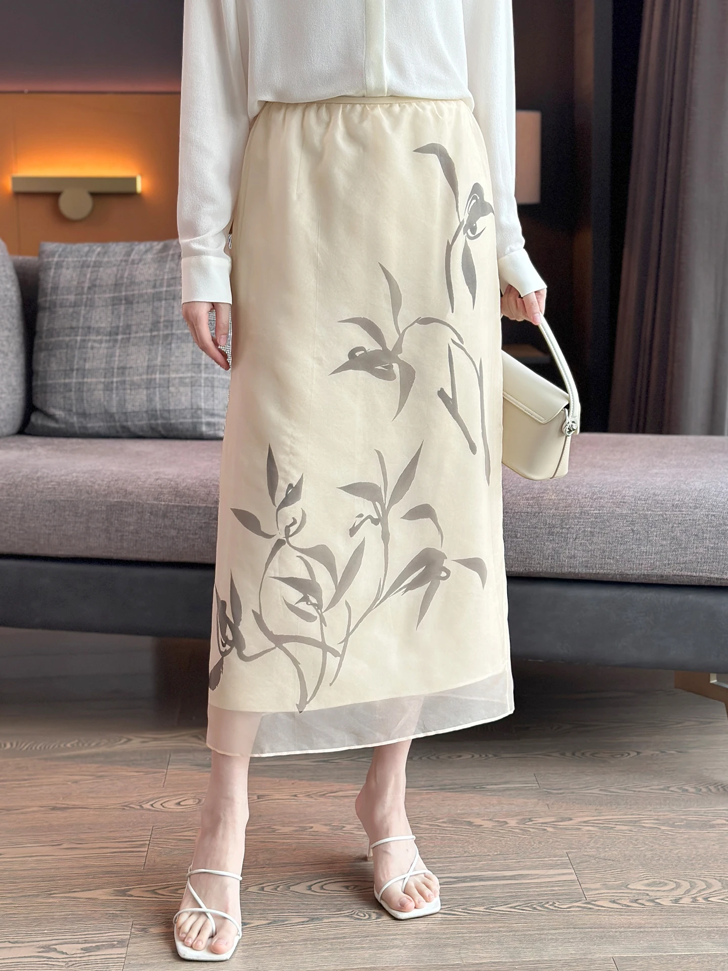 

Шелковая юбка Zuozhujia серии Silk Elegance, винтажный стиль, с завышенной талией, А-силуэт, из шелковой тафты с принтом, для повседневной носки