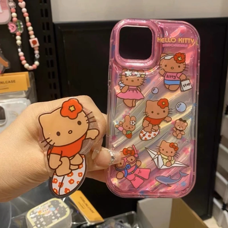 Kawaii Tan Hello Kitty المضادة للخدش جراب هاتف آيفون 14 13 12 11 XS/XR Pro Max سانريو أنيمي بلينغ بلينغ الغطاء الواقي